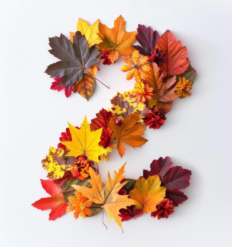 Colorful Autumn Leaves Arranged in the Shape of the Number Two photo