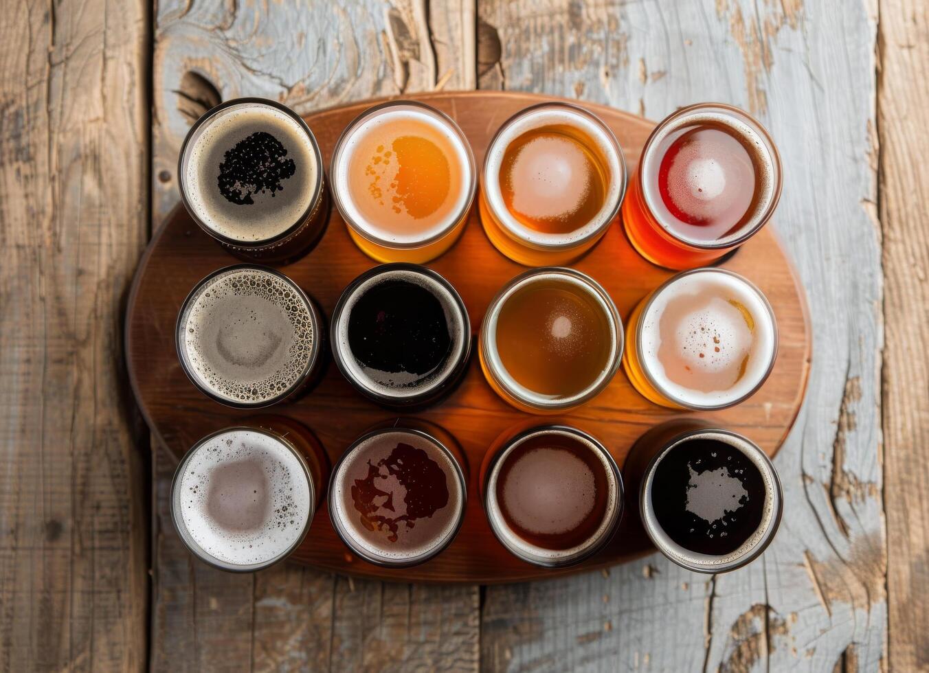 Twelve Craft Beers on a Wooden Tray in a Rustic Bar Setting photo