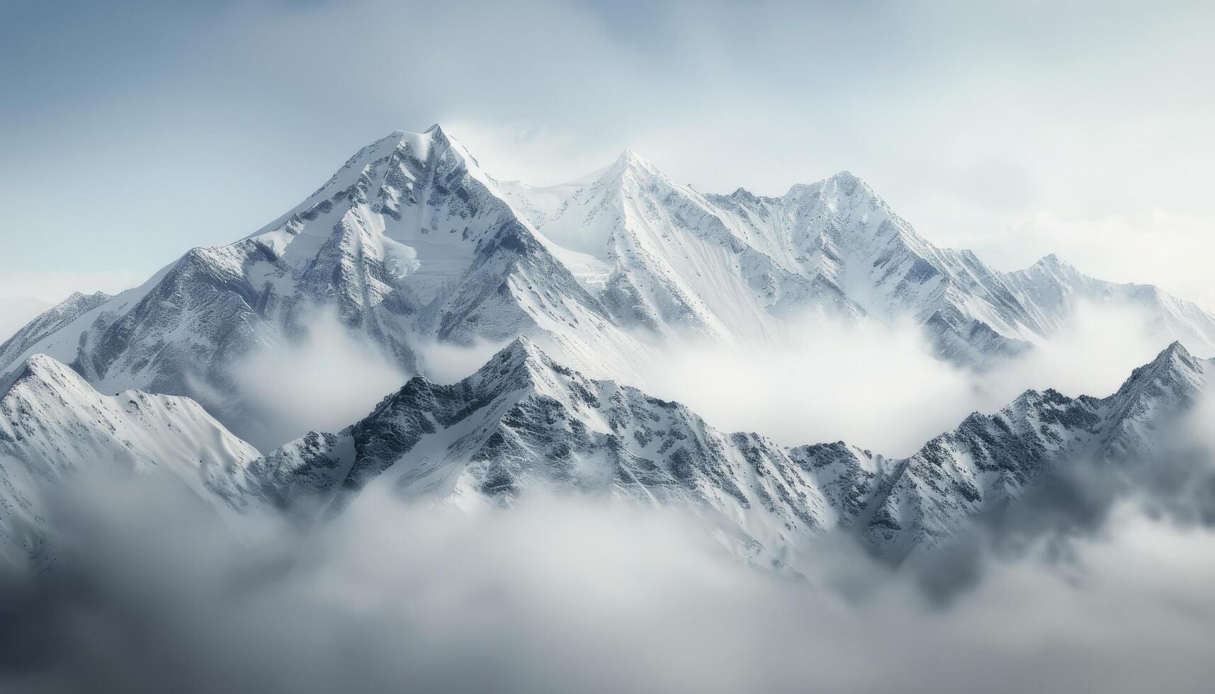 Snow-Capped Mountain Peaks Amidst Misty Clouds in Majestic Alpine Landscape photo
