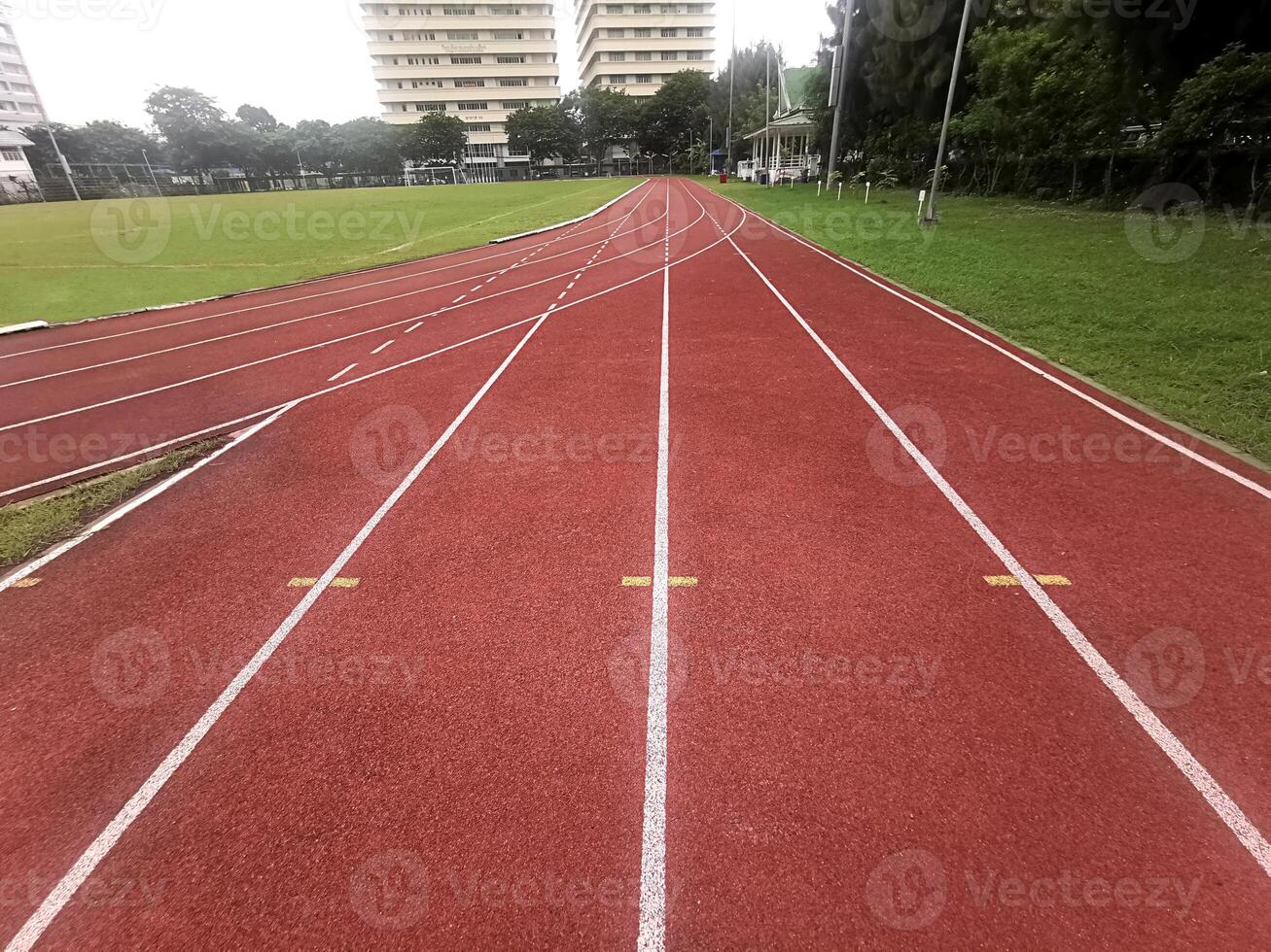 The running track inside a football stadium is usually a circular pathway surrounding the field photo