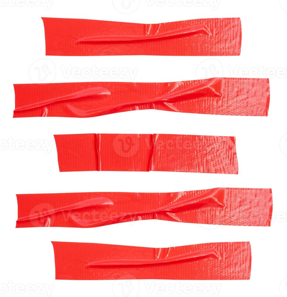 Top view set of wrinkled red adhesive vinyl tape or cloth tape in stripe shape isolated on white background with clipping path photo