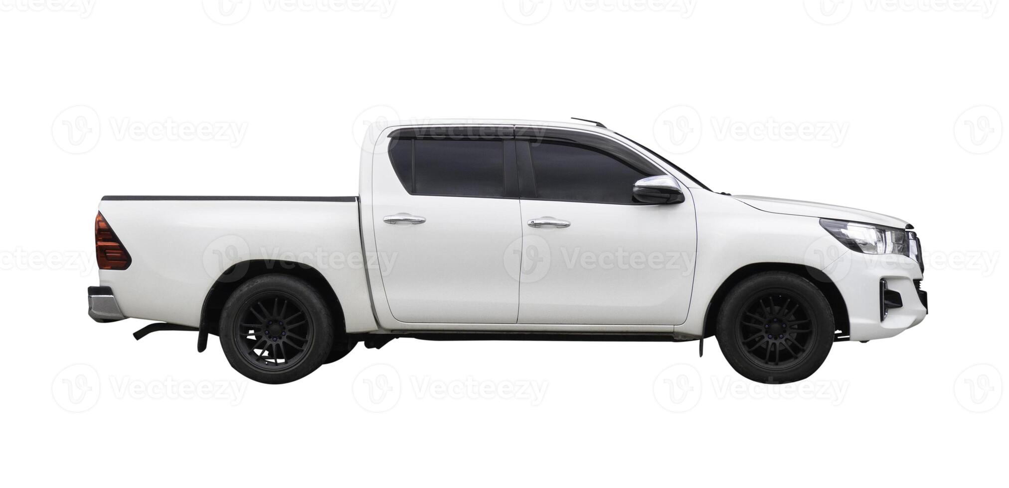 Side view of white pickup truck isolated on white background with clipping path photo