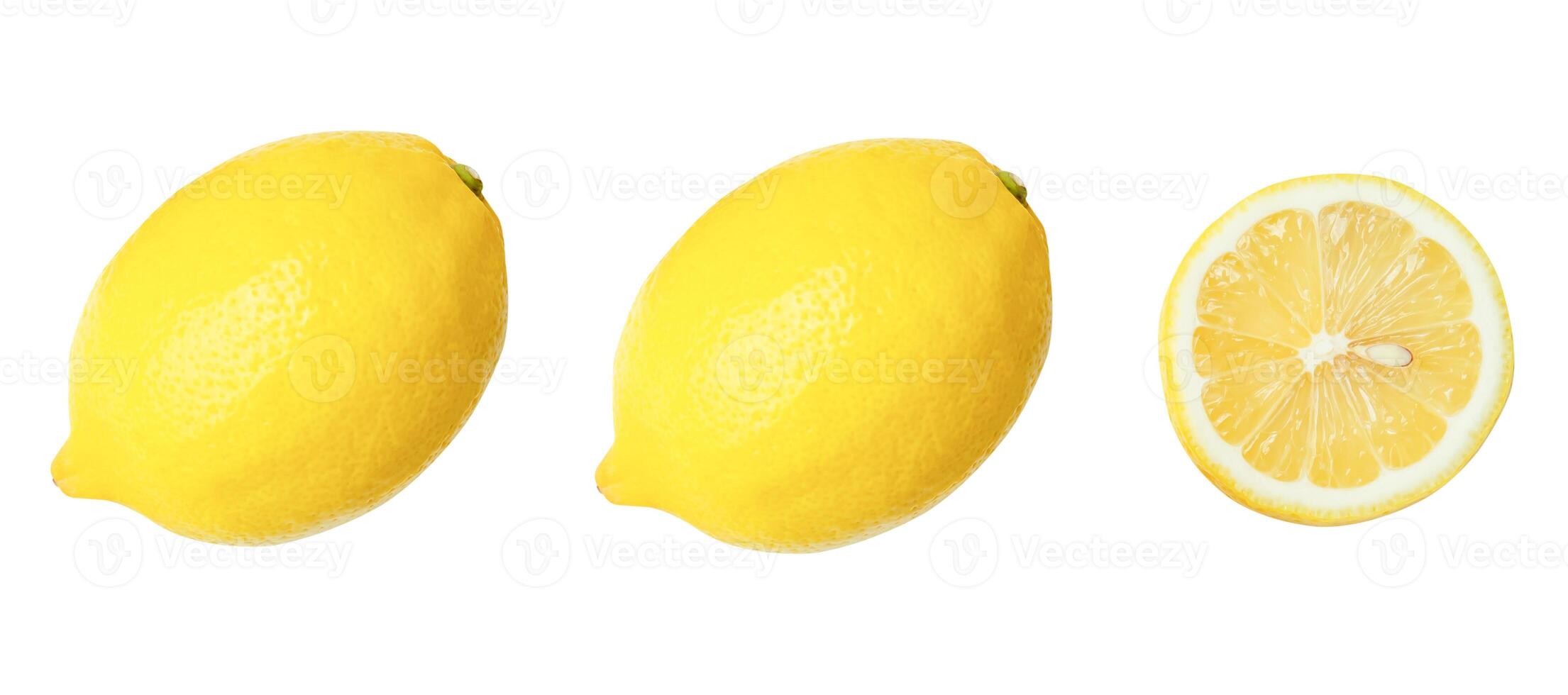 Top view set of yellow lemon fruits with slice or half isolated on white background with clipping path photo