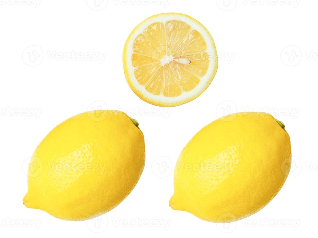 Top view set of yellow lemon fruits with slice or half isolated on white background with clipping path photo