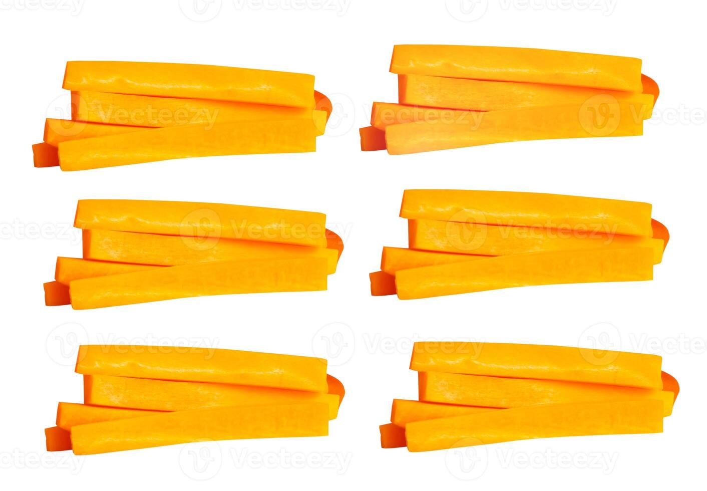 Top view set of orange carrots in stick shape in stack isolated on white background with clipping path photo