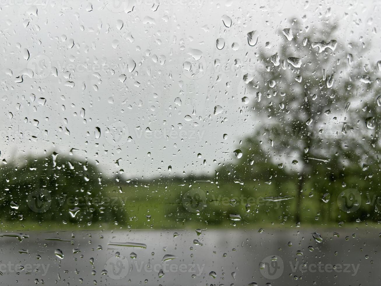 Raindrops on a Windowpane, Blurred Trees in the Background photo