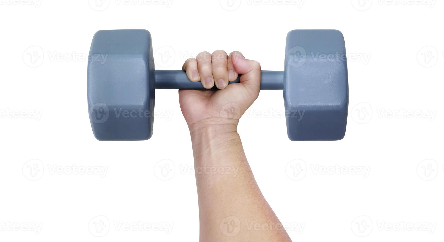 Man holding dumbbells in hands isolated on white background. photo