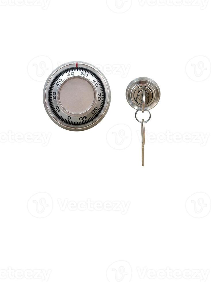 Safe with lock and key, isolated on white background. photo