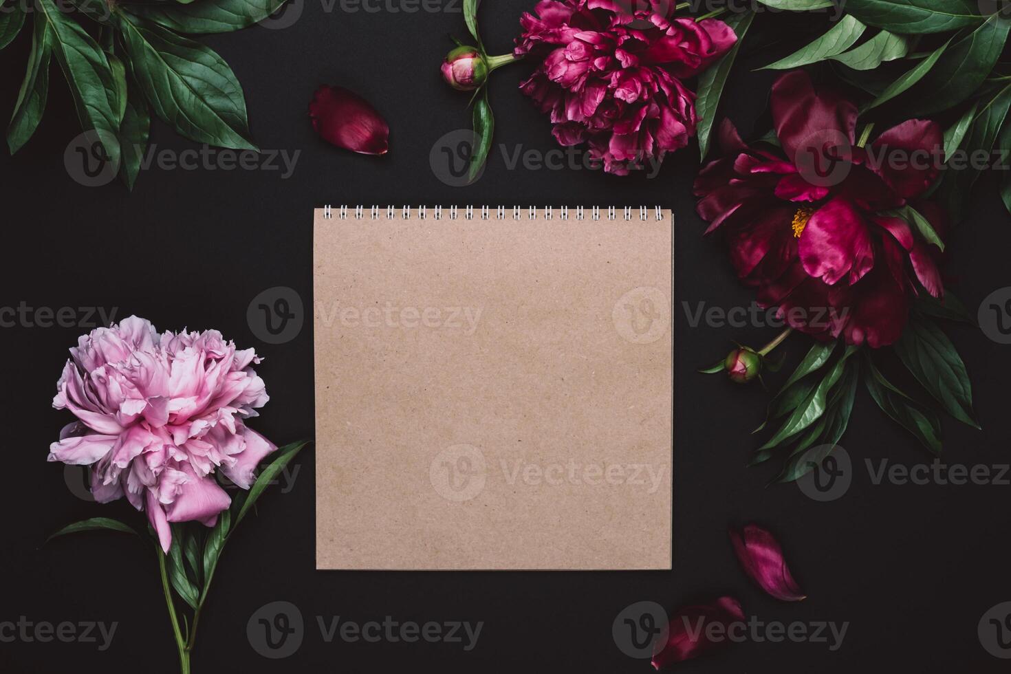 Beautiful peonies in dark colors and notebook. Black Floral background. Soft focus, copy space photo