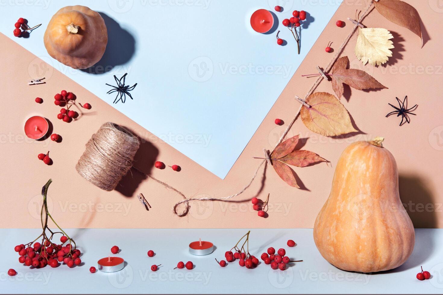 Autumn layout with pumpkins, diy garland and berries in pastel colors. Double composition of top view and front view photo