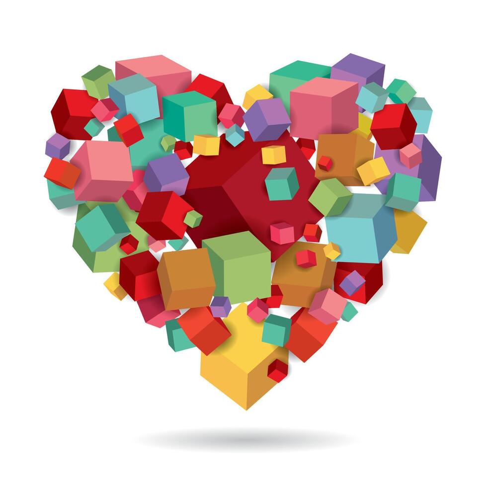 Heart cubes colorful 3d geometric. Isometric illustration . vector