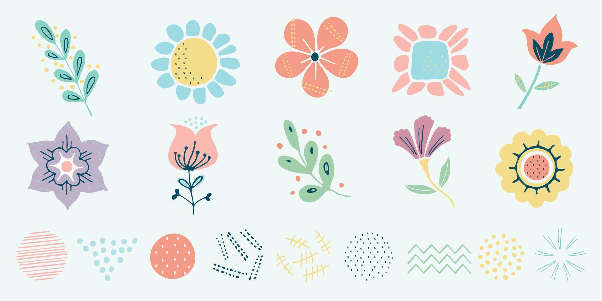 Scandinavian Motif, Herbs and Flowers Set, Simple Hand Drawn Nature Objects, Wedding Anniversary Cards, Creative Floral Objects vector