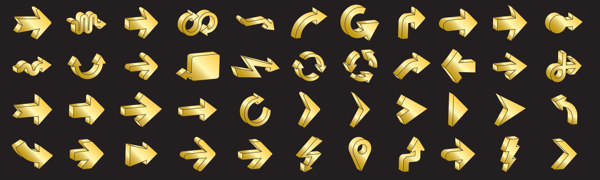3D arrows golden pictograms set. Arrows symbol collection. Isometric outline icons vector