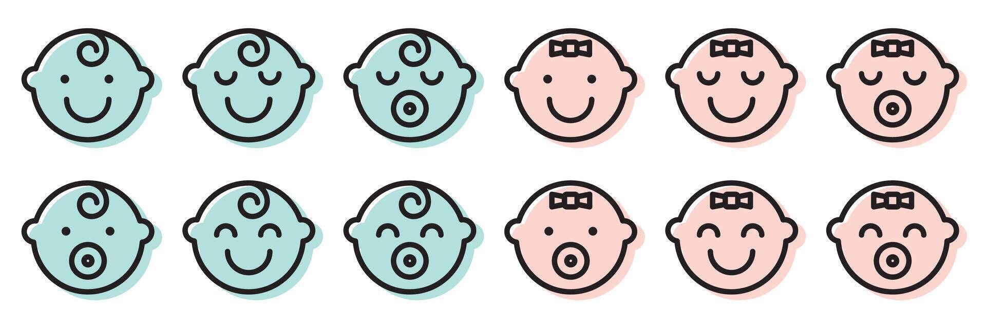 Set baby face simple icons. Varied expressions symbols. vector