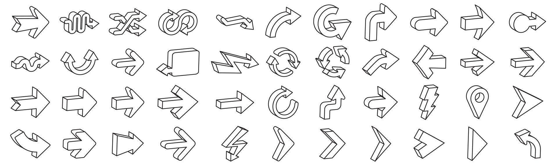 3D arrows pictograms set. Arrows symbol collection. Isometric outline icons vector