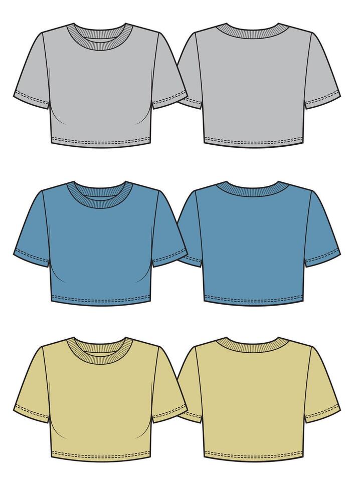Crop basic t shirt with round neck. Set of colors vector