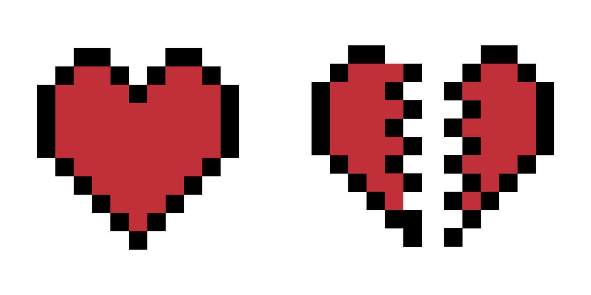Pixel heart set, black and red design vector