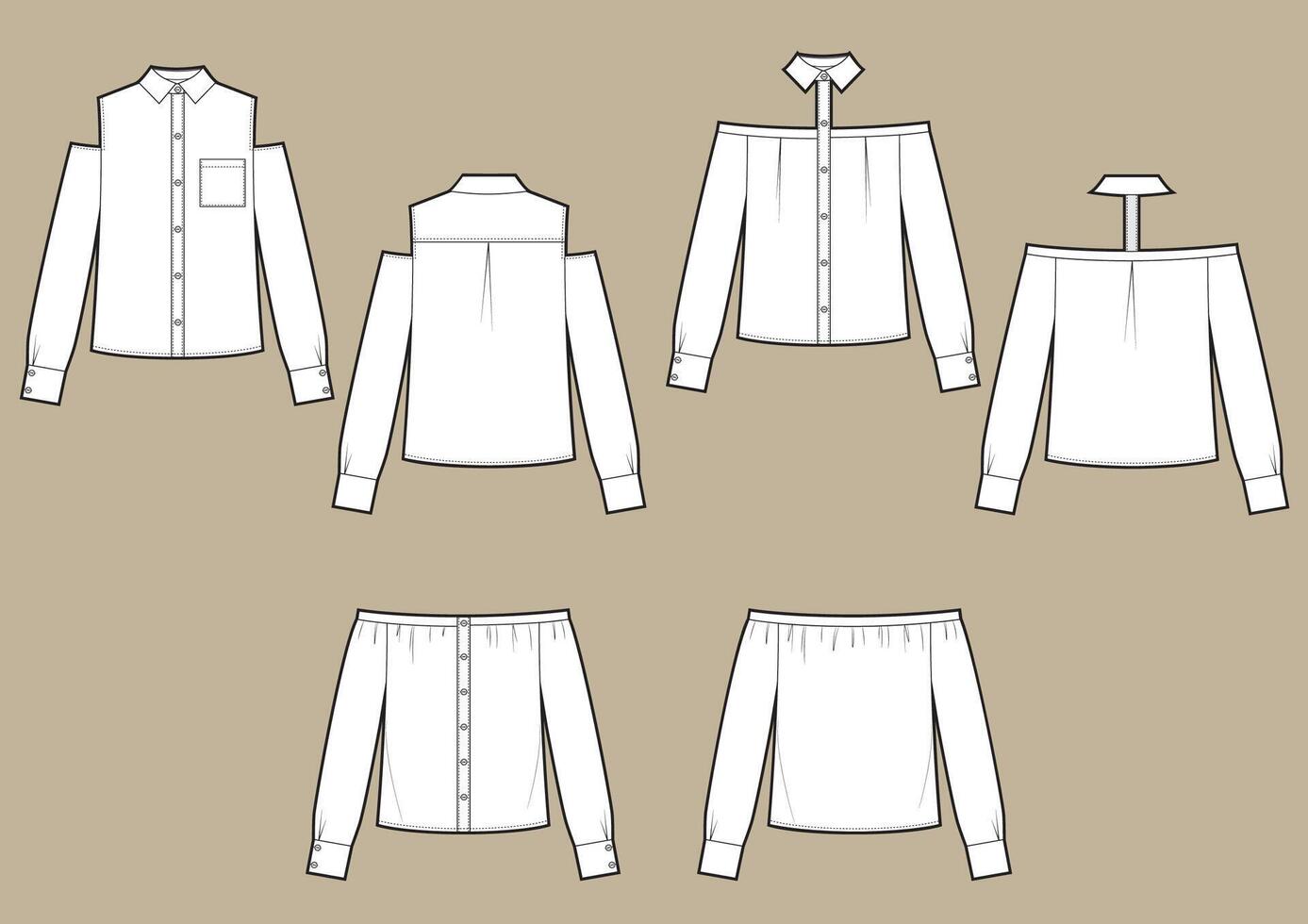 Shoulderless classic shirts set fashion technical sketch vector