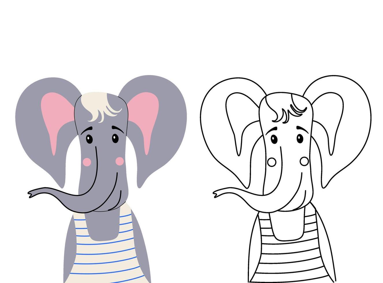 Cute elephant cartoon character coloring page for children. Funny animal colored and colorless illustrations isolated on transparent background. Outline kid doodles, anti stress. vector