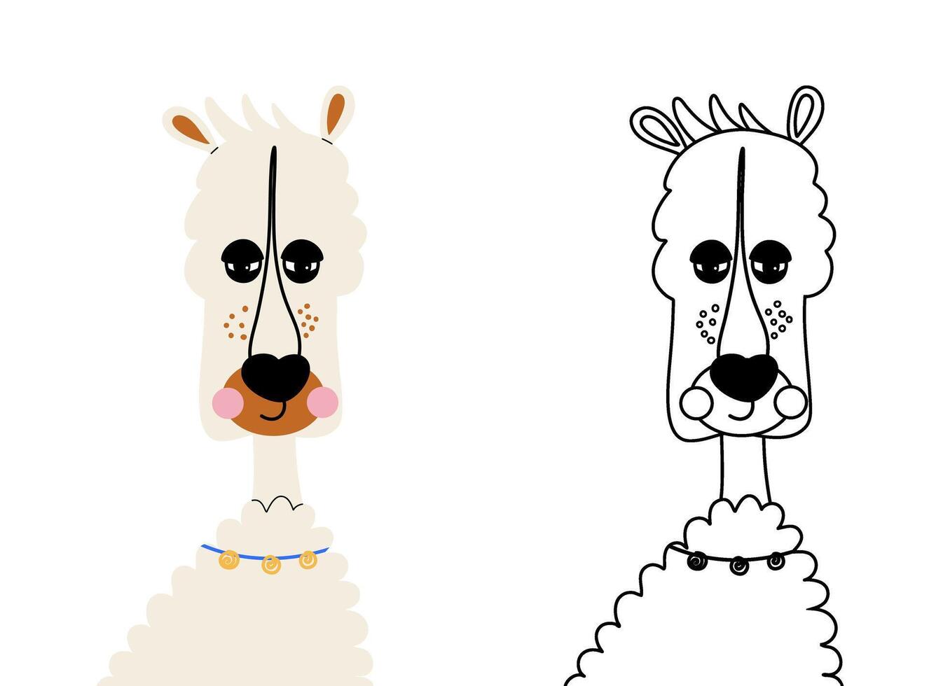 Cute llama cartoon character coloring page for children. Funny animal colored and colorless illustrations isolated on transparent background. Outline kid doodles, anti stress. vector