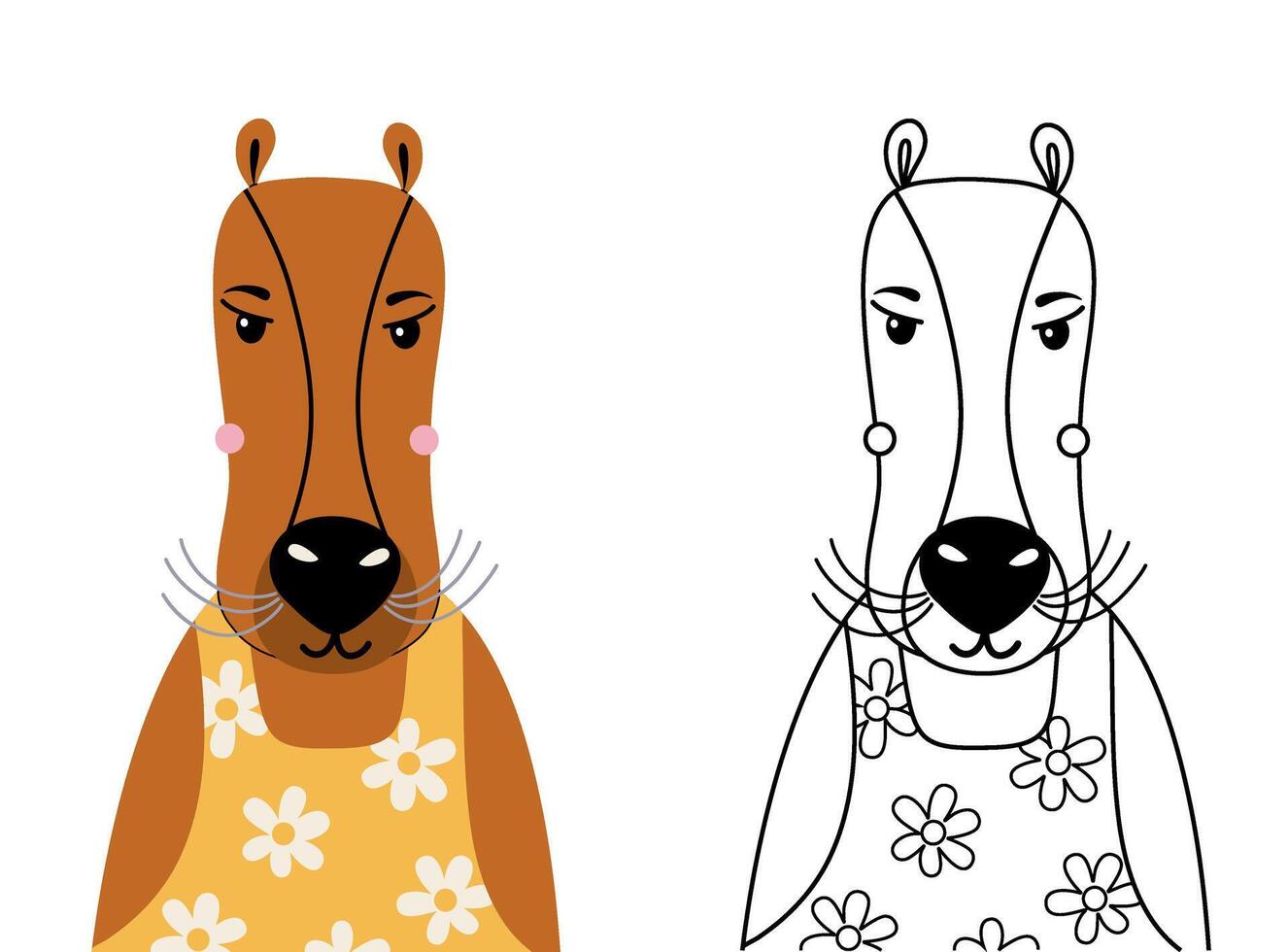 Cute capybara cartoon character coloring page for children. Funny South American animal colored and colorless illustrations isolated on transparent background. Kid doodles, anti stress. vector