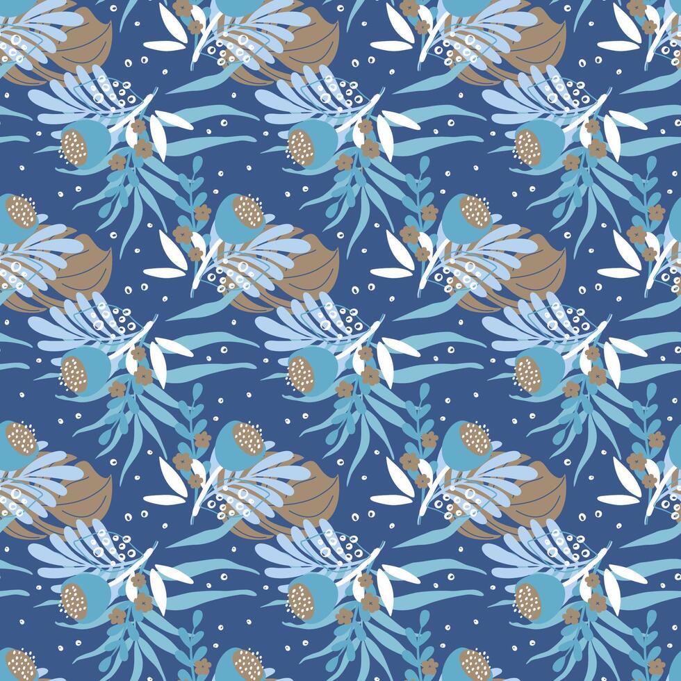 Seamless floral pattern with tropical plants. Hand drawn illustration of flower bouquets. Beautiful natural background. Retro style print for fabric design, wallpaper, wrapping paper. vector