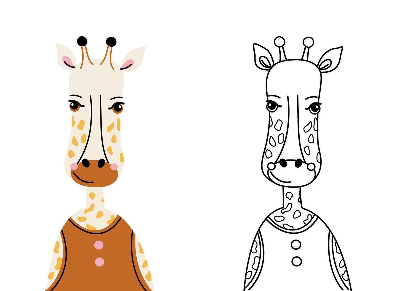 Cute giraffe cartoon character coloring page for children. Funny African animal colored and colorless illustrations isolated on transparent background. Outline kid doodles, anti stress. vector