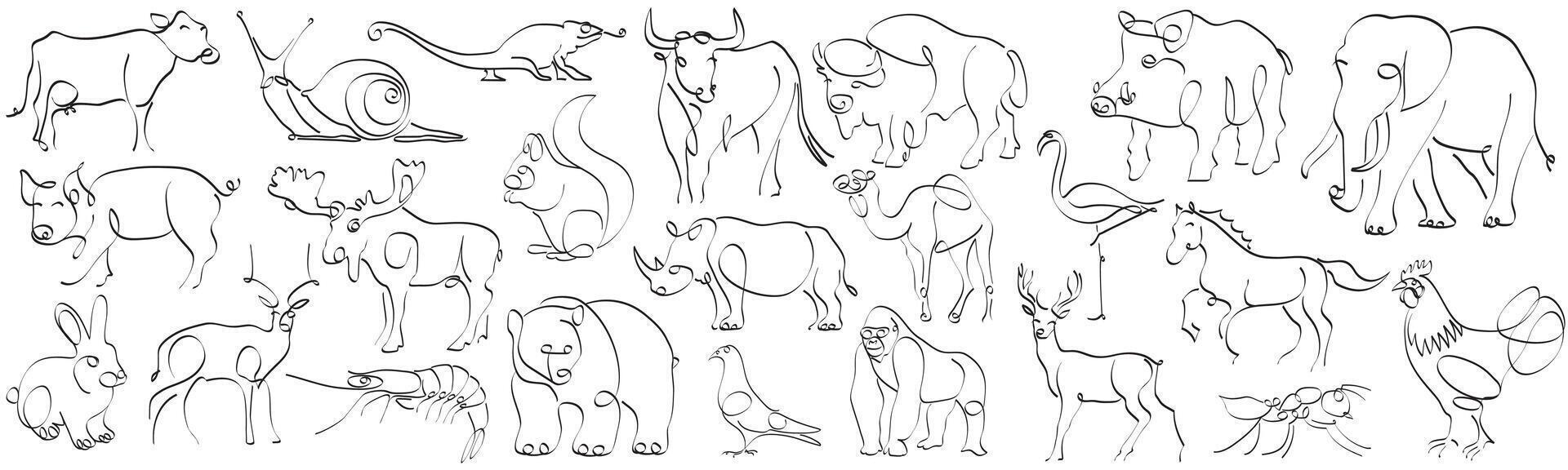 Set of animals in hand drawn minimalism style. Continuous line drawing illustration. vector