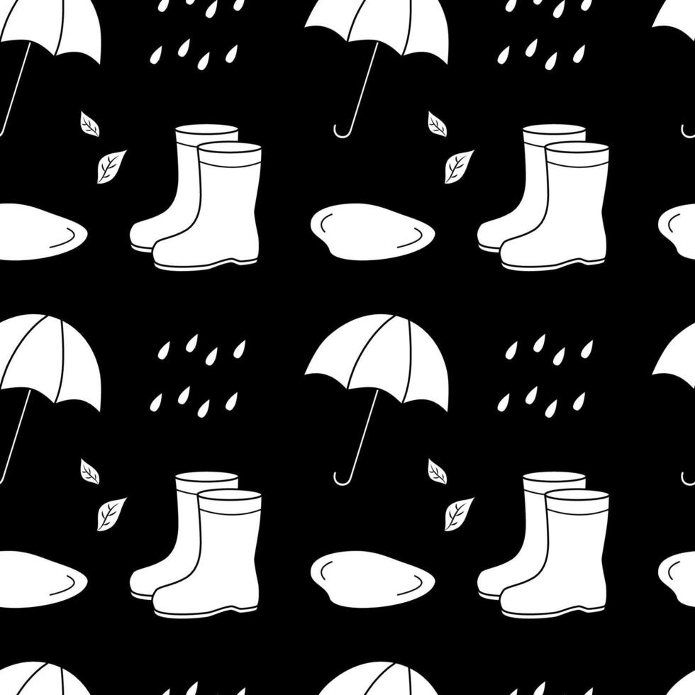 Autumn seamless pattern with umbrella and rainy weather. Illustration. Rubber boots, puddles, raindrops, leaves. Drawing of autumn elements, clothes and objects. vector