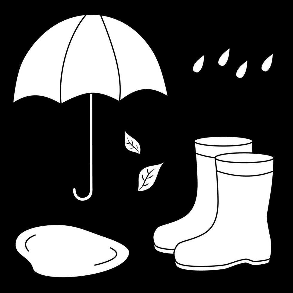 Autumn clothes and objects. Black and white illustration. Rubber boots, umbrella, puddle, raindrops, leaves. Drawing of autumn elements. vector