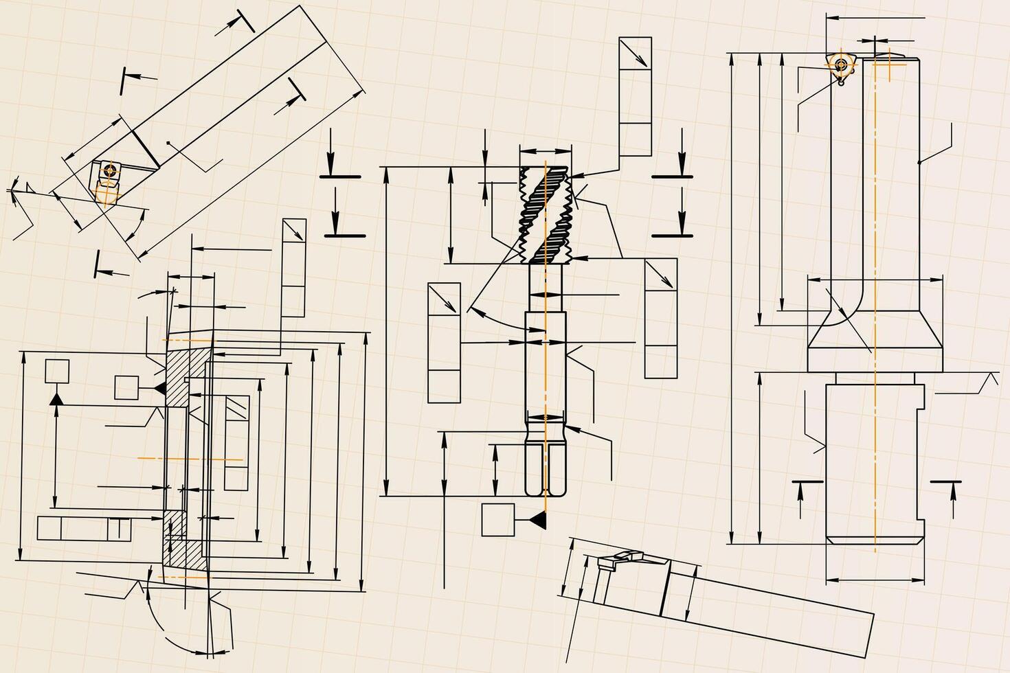 Mechanical engineering drawings on light background. Tap tools, borer, cutting tools, milling cutter. Technical Design. Cover. Blueprint vector