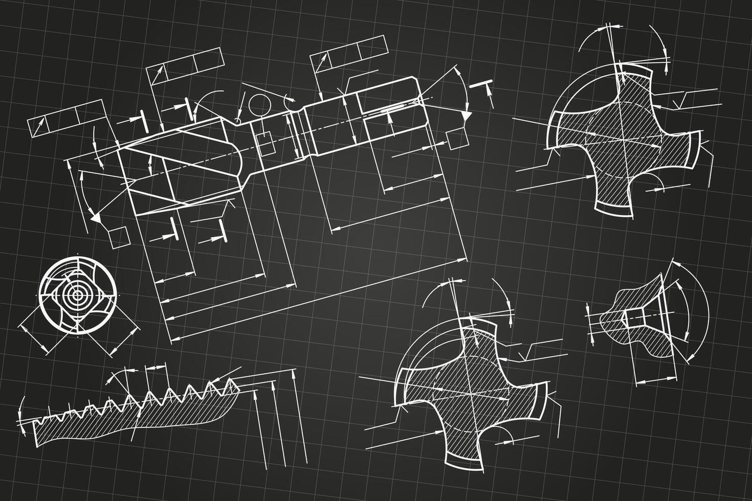 Mechanical engineering drawings on black background. Tap tools, borer. Technical Design. Cover. Blueprint. vector