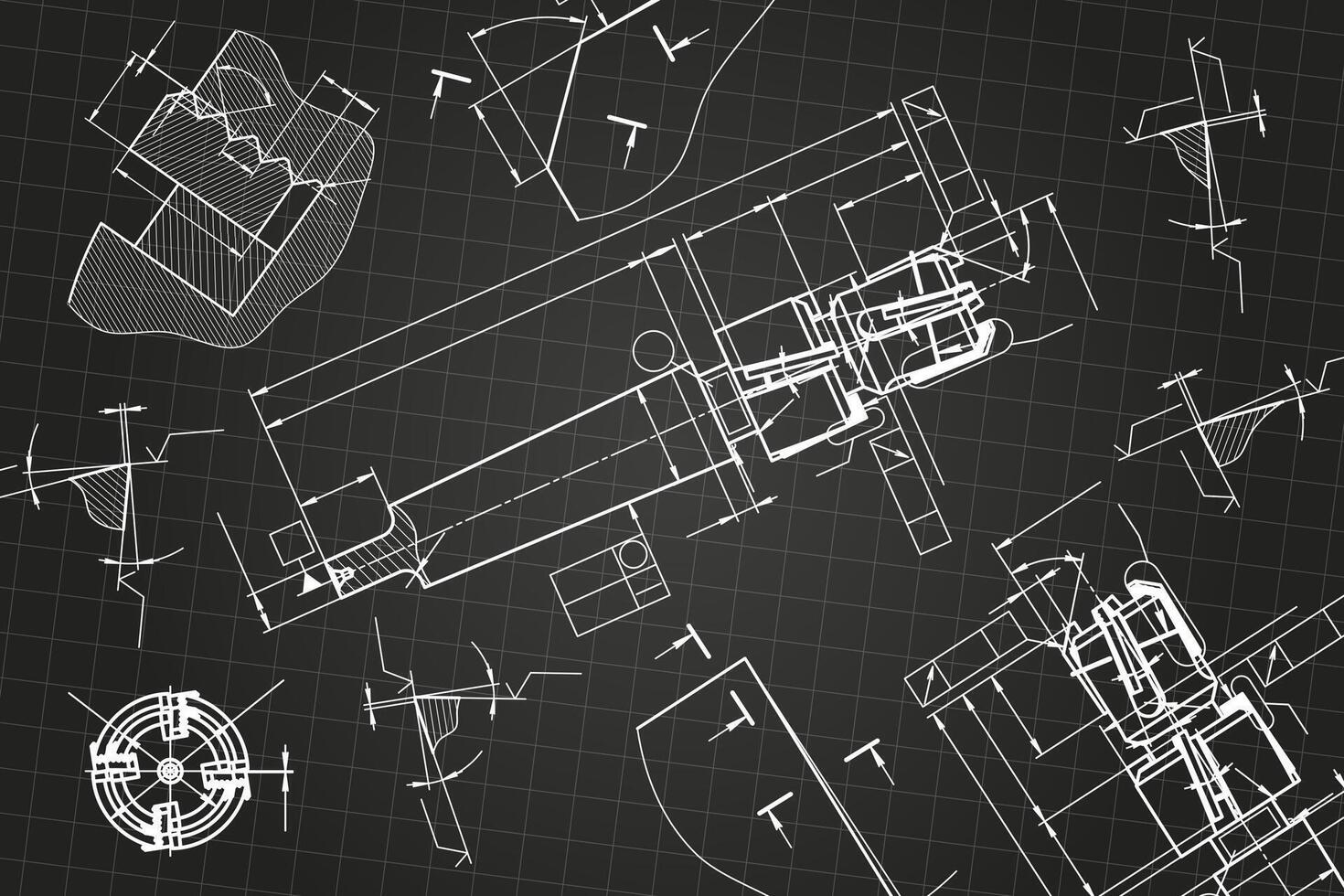 Mechanical engineering drawings on black background. Tap tools, borer. Technical Design. Cover. Blueprint. vector