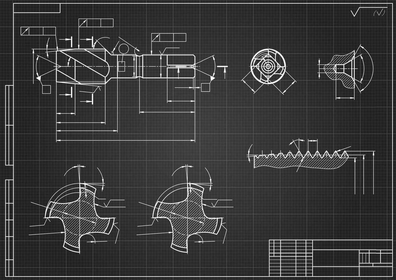 Mechanical engineering drawings on black background. Tap tools, borer. Technical Design. Cover. Blueprint. vector