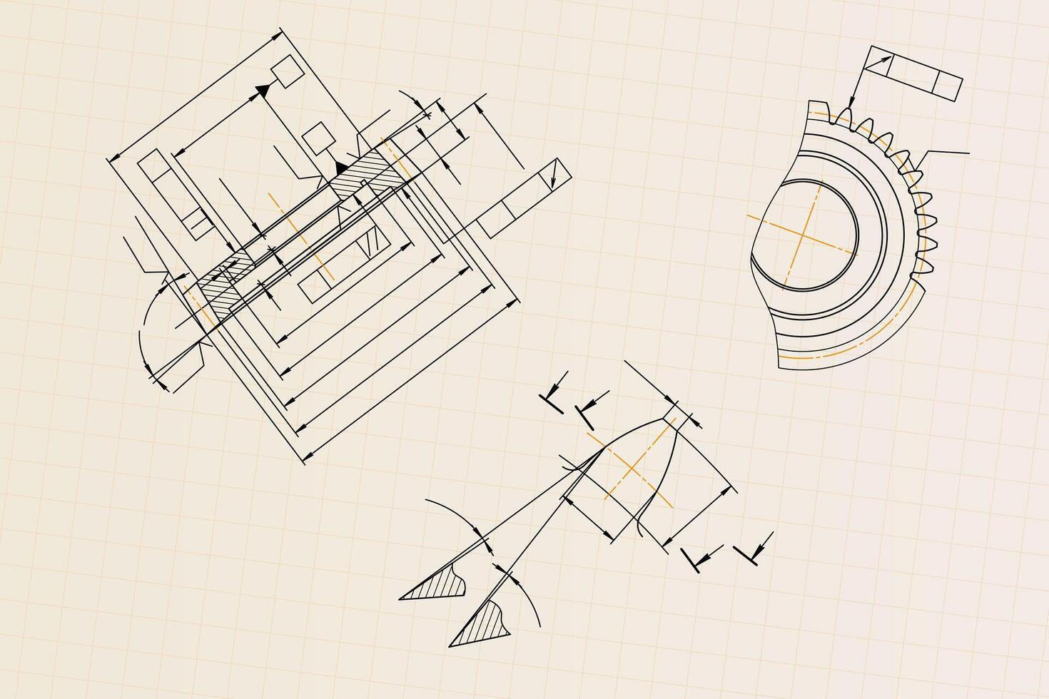 Mechanical engineering drawings on light background. Gear cutting tool. Technical Design. Cover. Blueprint vector