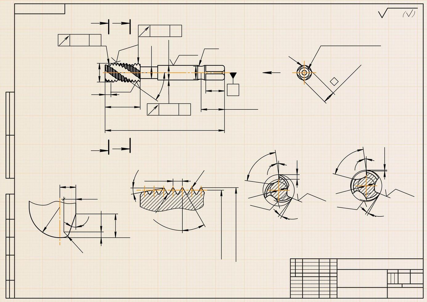 Mechanical engineering drawings on light background. Tap tools, borer. Technical Design. Cover. Blueprint. vector