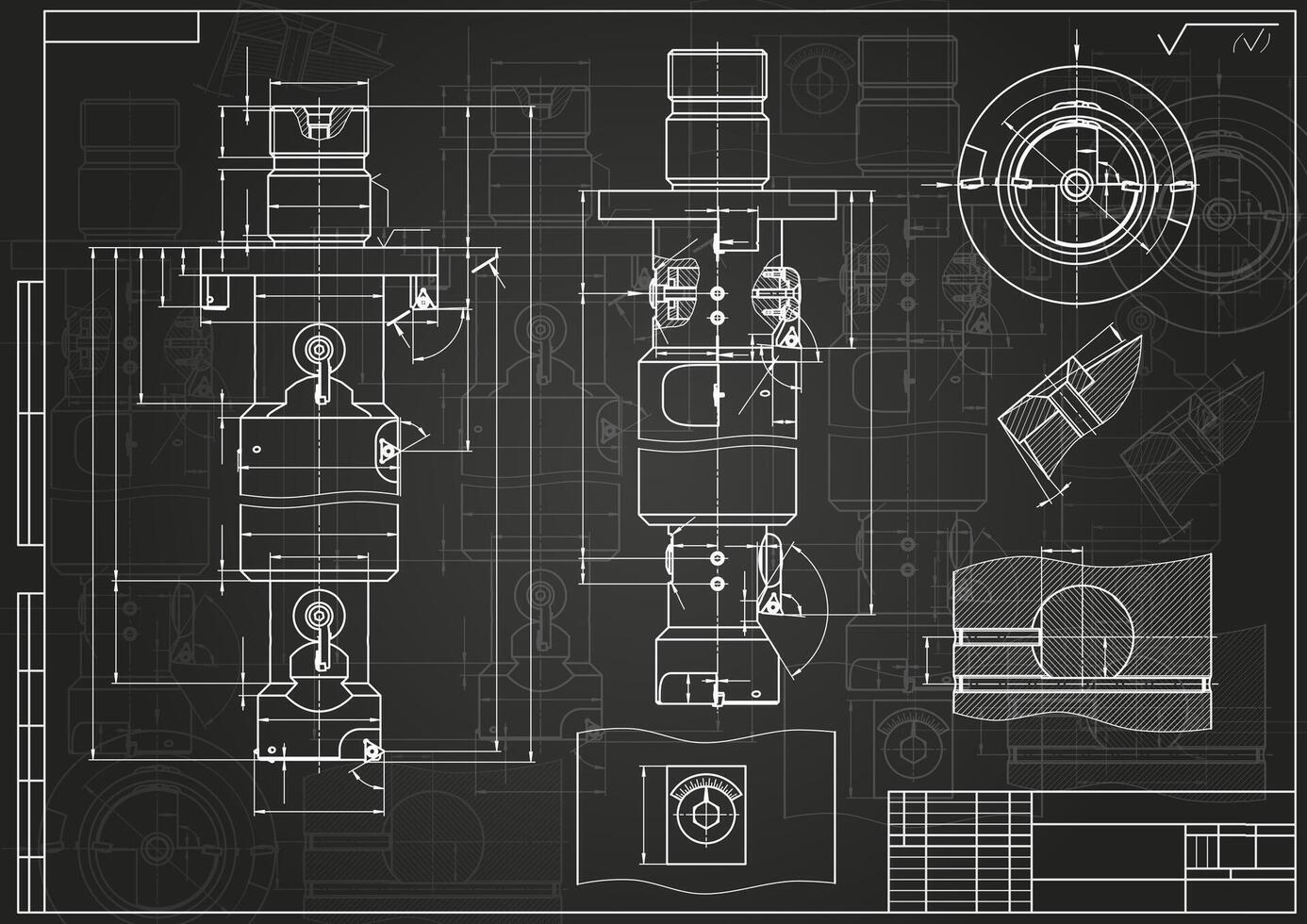 Mechanical engineering drawings on black background. Tap tools, borer. Technical Design. Cover. Blueprint. vector