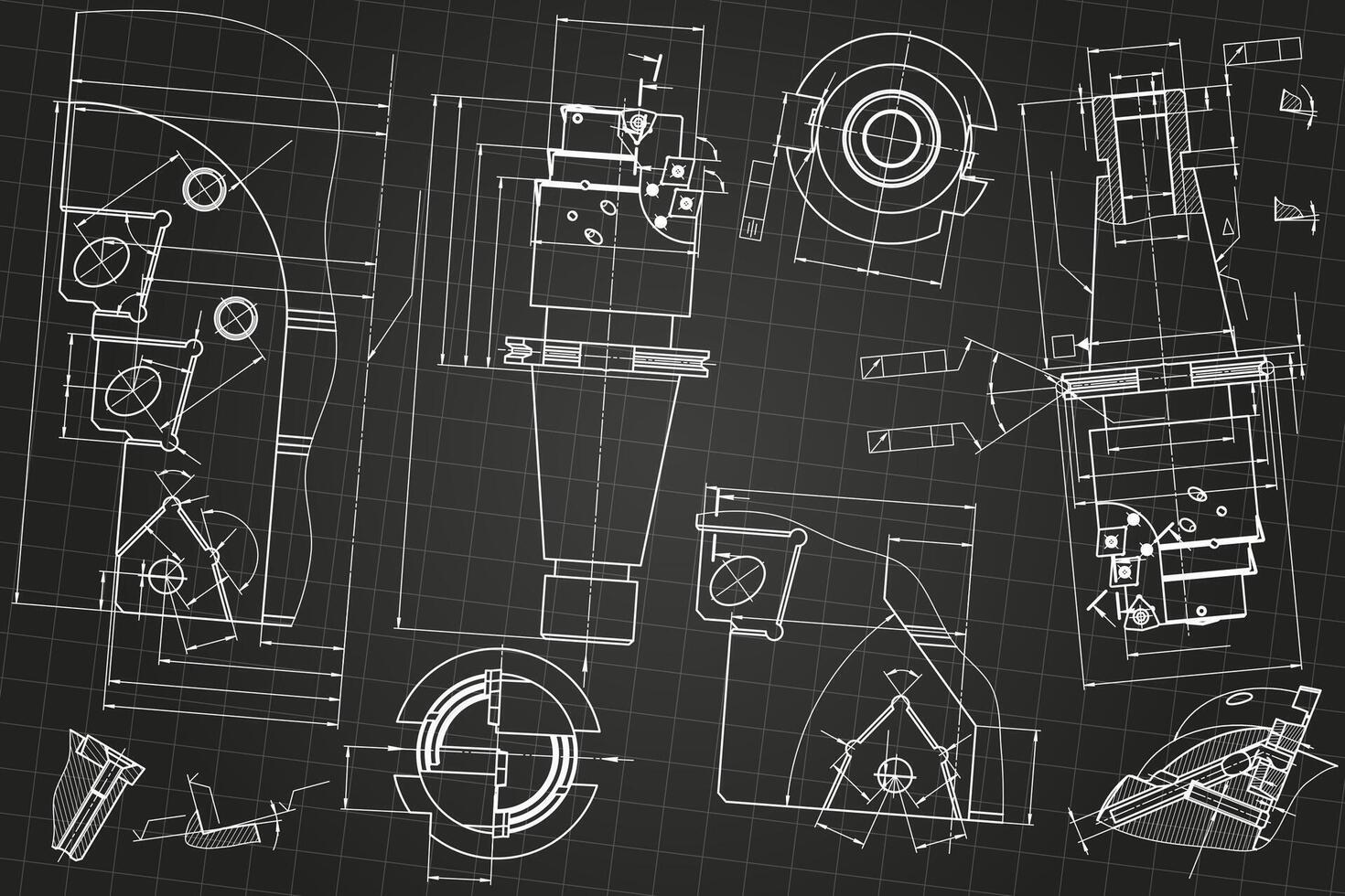 Mechanical engineering drawings on black background. Tap tools, borer. Technical Design. Cover. Blueprint. vector