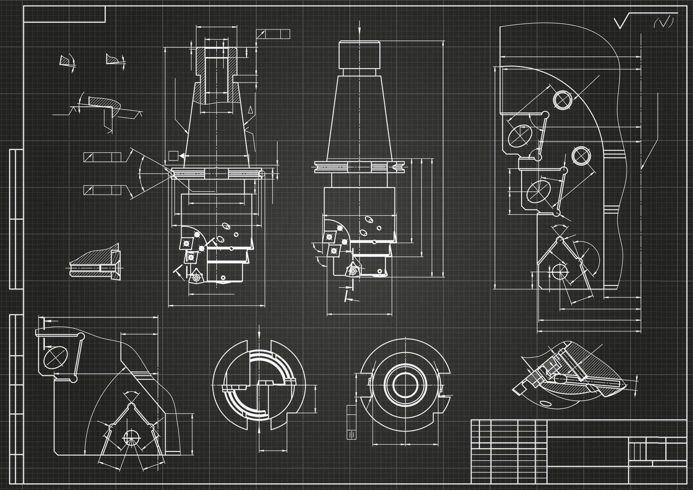 Mechanical engineering drawings on black background. Tap tools, borer. Technical Design. Cover. Blueprint. vector