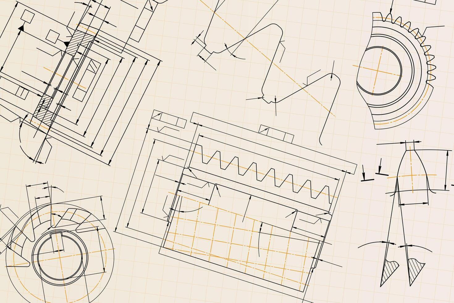 Mechanical engineering drawings on light background. Tap tools, borer, cutting tools, milling cutter. Technical Design. Cover. Blueprint. vector