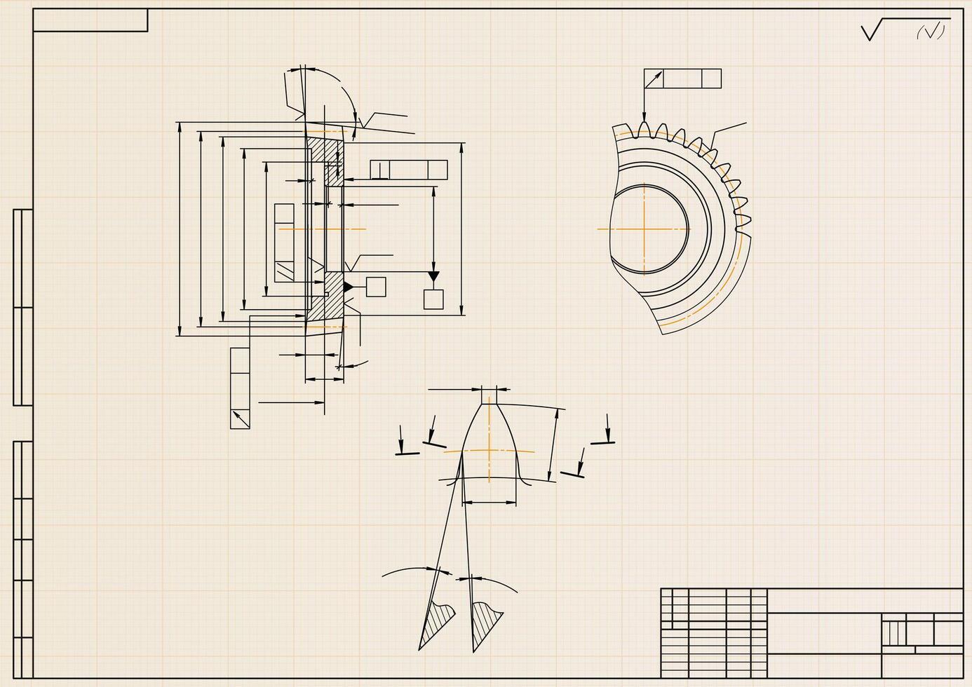 Mechanical engineering drawings on light background. Gear cutting tool. Technical Design. Cover. Blueprint. vector
