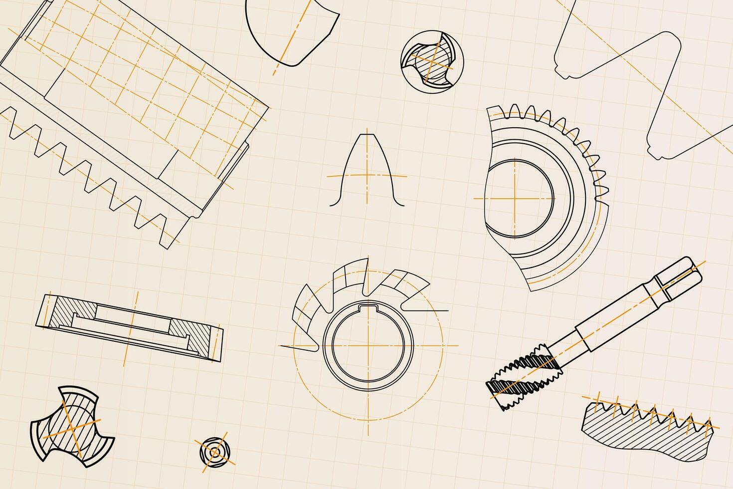Mechanical engineering drawings on light background. Tap tools, borer, cutting tools, milling cutter. Technical Design. Cover. Blueprint. vector