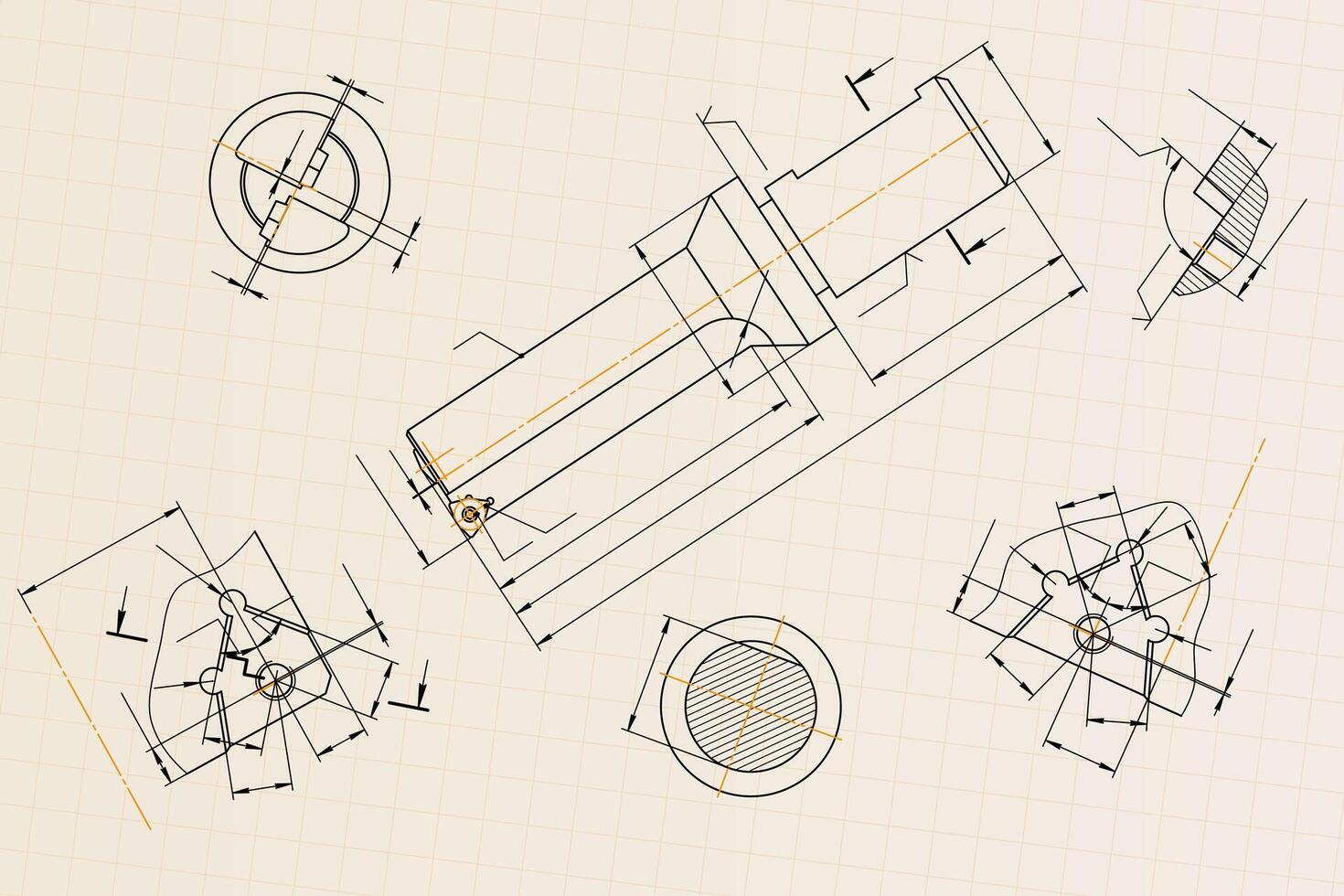 Mechanical engineering drawings on light background. Tap tools, borer. Technical Design. Cover. Blueprint. vector