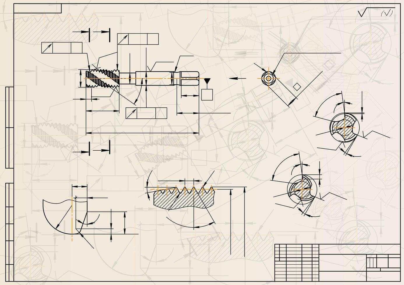 Mechanical engineering drawings on light background. Tap tools, borer. Technical Design. Cover. Blueprint. vector