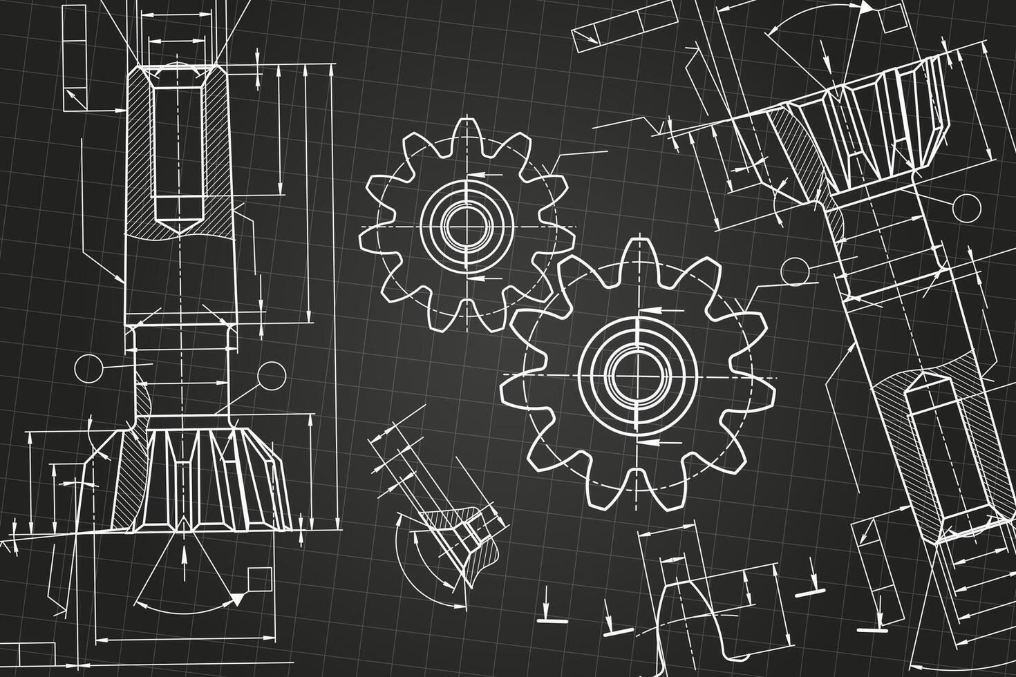 Mechanical engineering drawings on black background. Tap tools, borer. Technical Design. Cover. Blueprint. vector