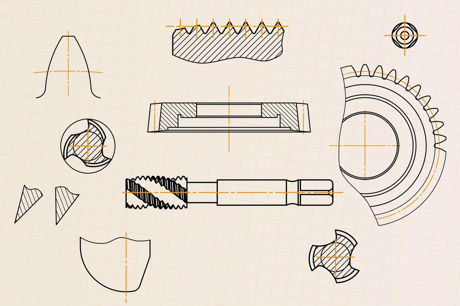 Mechanical engineering drawings on light background. Tap tools, borer, cutting tools, milling cutter. Technical Design. Cover. Blueprint. vector