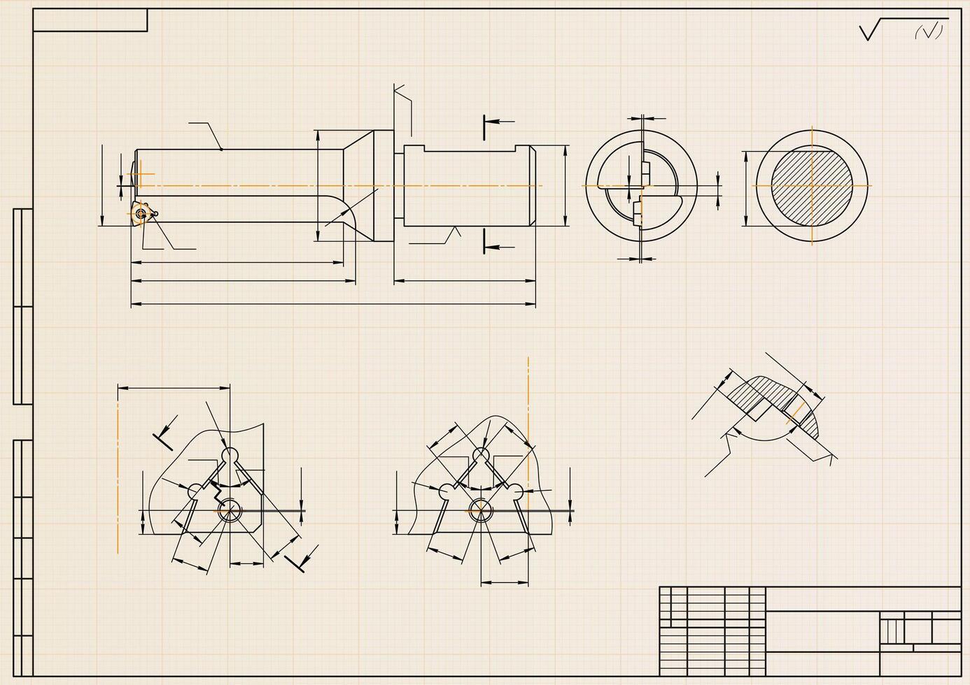 Mechanical engineering drawings on light background. Tap tools, borer. Technical Design. Cover. Blueprint. vector