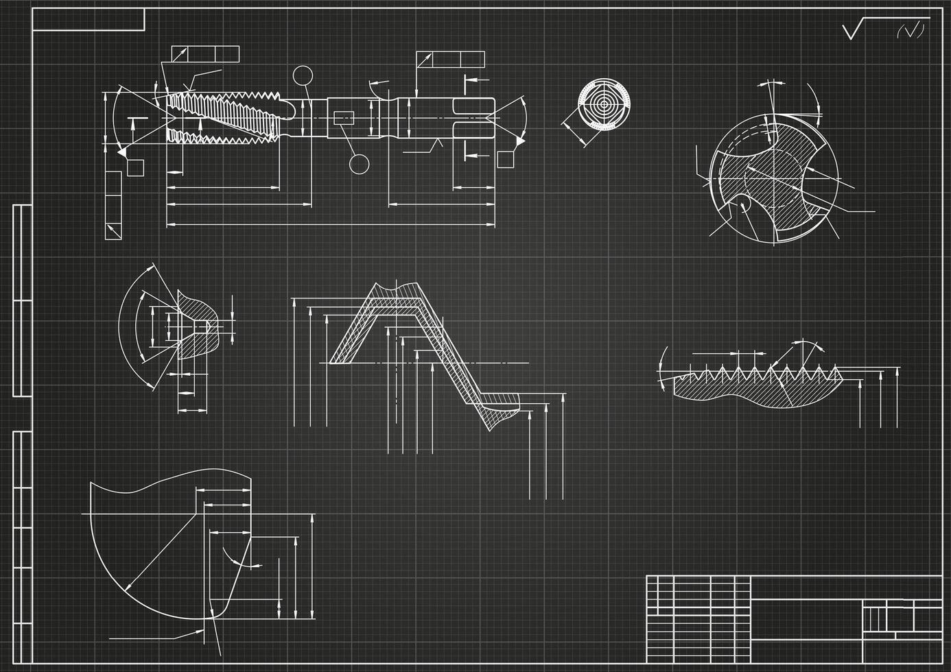 Mechanical engineering drawings on black background. Tap tools, borer. Technical Design. Cover. Blueprint. vector