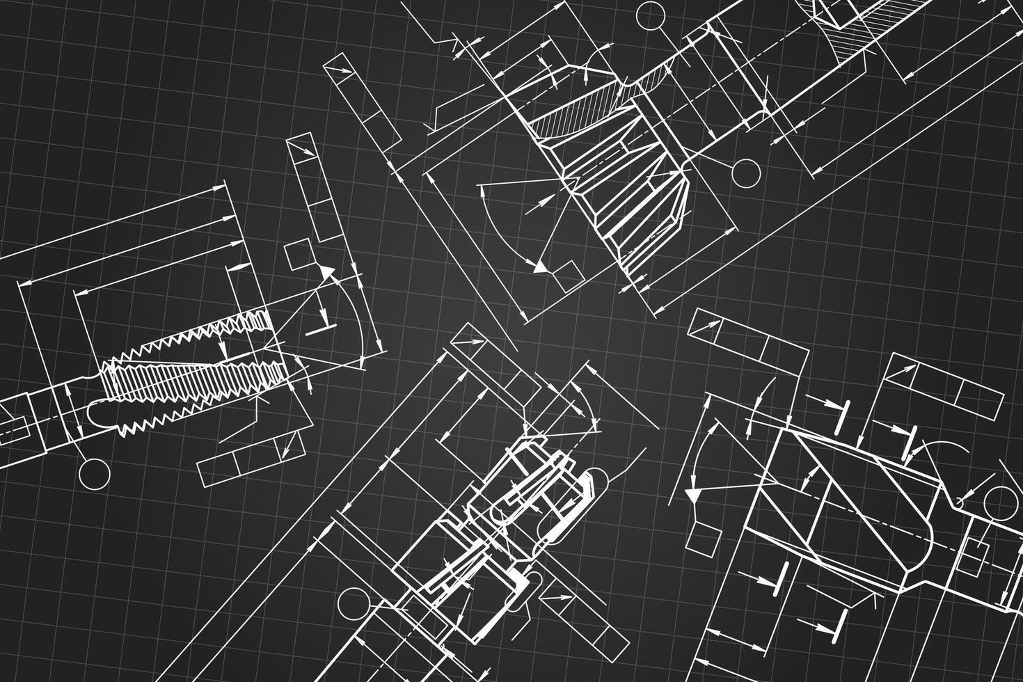 Mechanical engineering drawings on black background. Tap tools, borer. Technical Design. Cover. Blueprint. vector