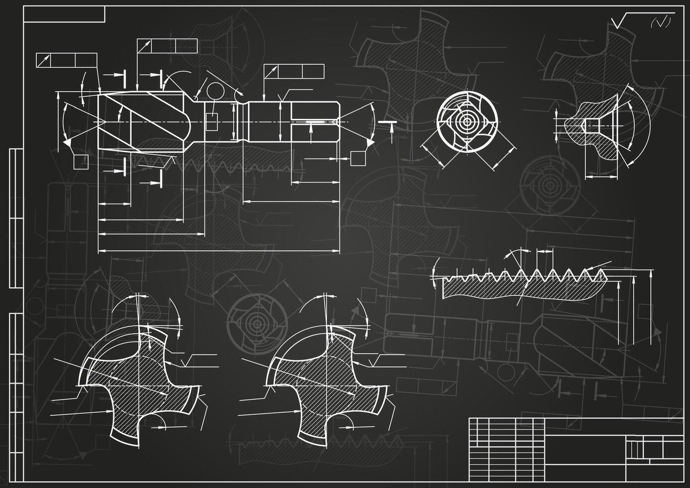 Mechanical engineering drawings on black background. Tap tools, borer. Technical Design. Cover. Blueprint. vector